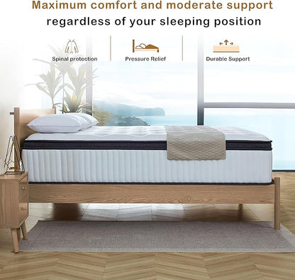 Queen Mattress, 12 Inch Innerspring Hybrid Mattress in a Box with Gel Memory Foam, Individually Wrapped Encased Coil Pocket Spring Mattress, Pressure Relief, Medium Firm Support, 60"*80"*12" - LeafyLoom