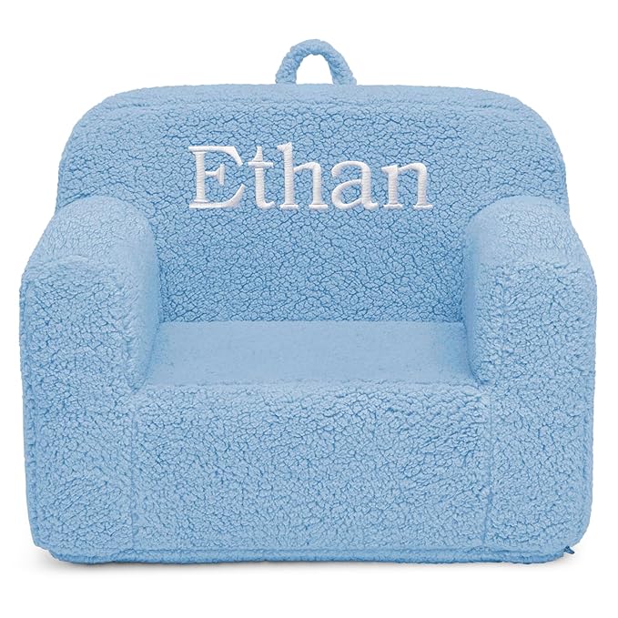 Delta Children Personalized Sherpa Cozee Chair - Customize with Name – Foam Kids Chair for Ages 18 Months and Up, Powder Blue - LeafyLoom