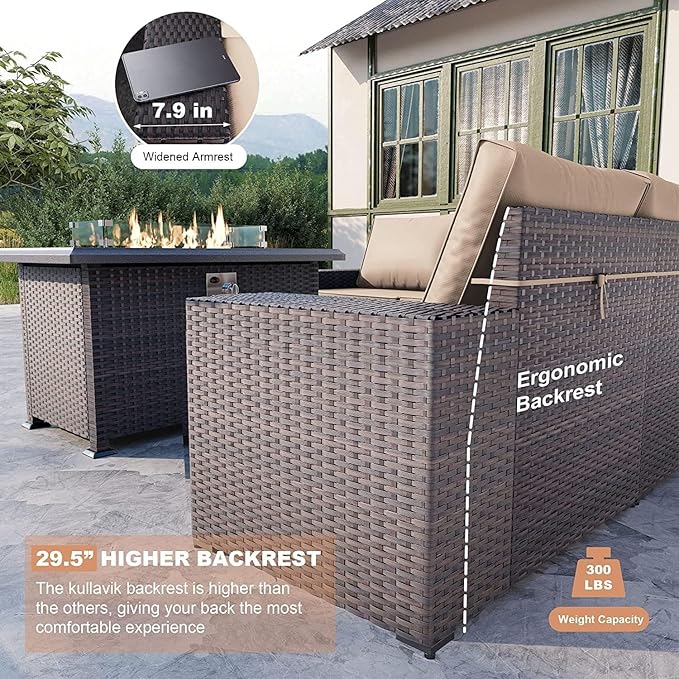 Kullavik 7 Pieces Outdoor Patio Furniture Set with 43" 55000BTU Gas Propane Fire Pit Table PE Wicker Rattan Sectional Sofa Patio Conversation Sets,Khaki - LeafyLoom