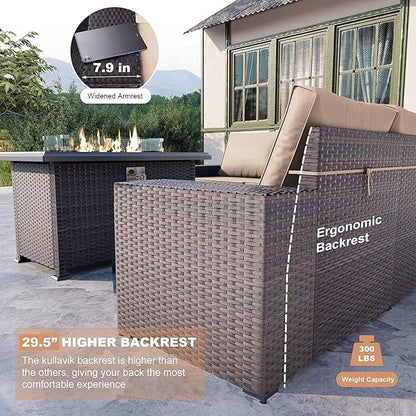 Kullavik 7 Pieces Outdoor Patio Furniture Set with 43" 55000BTU Gas Propane Fire Pit Table PE Wicker Rattan Sectional Sofa Patio Conversation Sets,Khaki - LeafyLoom