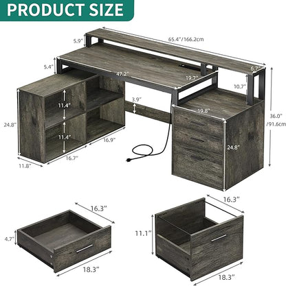 YITAHOME L Shaped Desk with 3 Drawers, 65" Corner Computer Desk with Power Outlets & LED Lights, L-Shaped Desk with File Cabinet & Printer Stand for Home Office, Grey - LeafyLoom