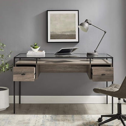 Walker Edison Writing Desk, 56, Glass Top 2 Drawer Computer, 56 Inch, Grey Wash - LeafyLoom