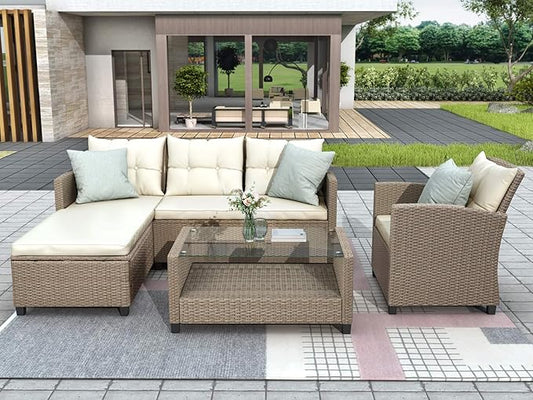 4-Piece Outdoor Rattan Sofa Sets, Patio Furniture Conversation Sectional Couch with Chaise Lounge, Single Sofachair, Seat Cushions and Glass Table, for Garden Backyard Deck, Onesize, Beige - LeafyLoom