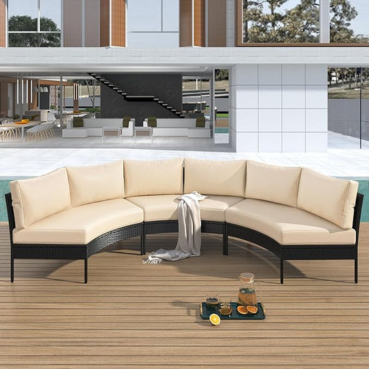 Merax Patio Furniture Sets Outdoor, All Weather Half-Moon Sectional PE Rattan Sofa with Cushions, Beige - LeafyLoom