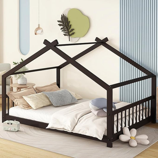 Bellemave Wood Montessori Full Size Bed Frame, Espresso - Playhouse Design, Sturdy, Safety, No Box Spring Needed, Easy Assemble - LeafyLoom