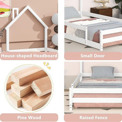 Bellemave Twin Size House-Shaped Headboard Floor Bed with Fences, Wooden Montessori Bed for Kids,House Bed Twin Frame for Girls,Boys (White) - LeafyLoom