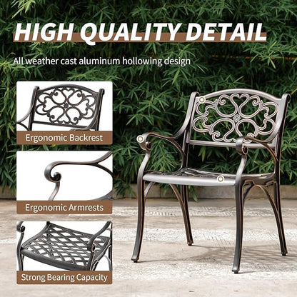 Cast Aluminum Patio Dining Set, Outdoor Bistro Set, 31.5"" Round Patio Table with Umbrella Hole, 2 Patio Chairs for Yard Porch Garden Balcony, Bronze 4 - LeafyLoom