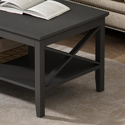 ChooChoo Oxford Coffee Table with Thicker Legs, Black Wood Coffee Table with Storage for Living Room, 47 inch - LeafyLoom