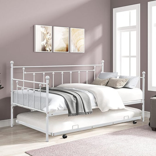 Twin Size Metal-Daybed with Trundle,Heavy-Duty Sturdy Metal,Noise Reduced,Trundle-Bed for Flexible Space,Vintage Style,No Box Spring Needed,for Kids Boys Girls Teens,Light Grey - LeafyLoom