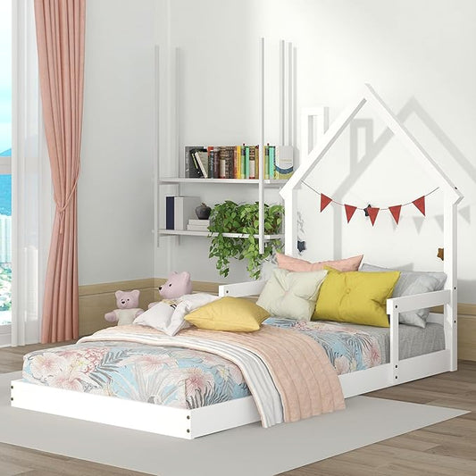 Bellemave Twin Size House-Shaped Headboard Floor Bed for Kids,Montessori Floor Bed with Handrails and Slats,Wood House Bed Twin for Girls,Boys(Twin,White) - LeafyLoom