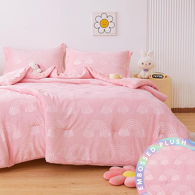 Mooreeke Twin Kids Comforter Bed Set, Embossed Plush Fleece Soft & Warm 2 Piece Bed in A Bag with Shams, Velour Velvet Pink Rainbow Girls Kids Bedding Set, Fluffy Fuzzy Polar Cozy and Stylish - LeafyLoom