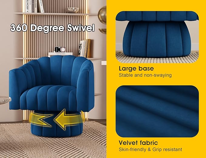 Accent Chair Mid Century 360 Degree Swivel Chair,Modern Lounge Sofa Round Barrel Chair with Wide Upholstered,Fluffy Velvet Fabric Chairs for Home Sofa Living Room/Bedroom/Waiting Room(Navy) - LeafyLoom