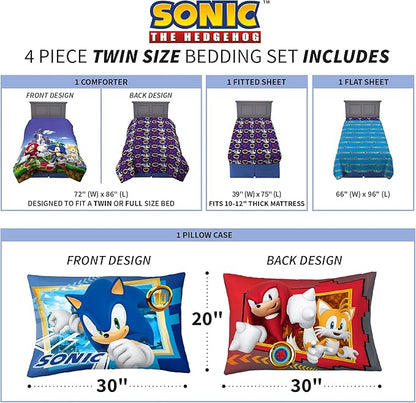 Franco Kids Bedding Super Soft Comforter and Sheet Set, 4 Piece Twin Size, Sonic The Hedgehog, Anime - LeafyLoom