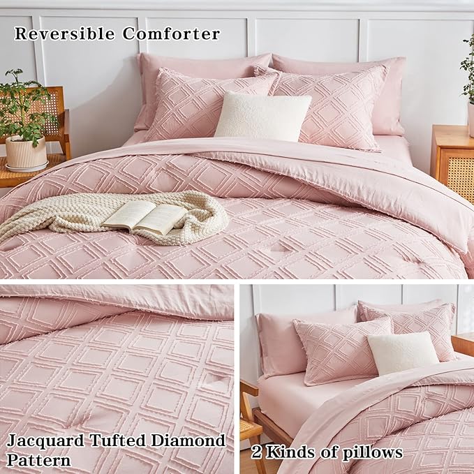 6 Pieces Tufted Bed in a Bag Twin Comforter Set with Sheets Blush, Soft and Embroidery Shabby Chic Boho Bohemian, Luxury Solid Color with Diamond Pattern, Jacquard Tufts Bedding Set for Kids Girls - LeafyLoom