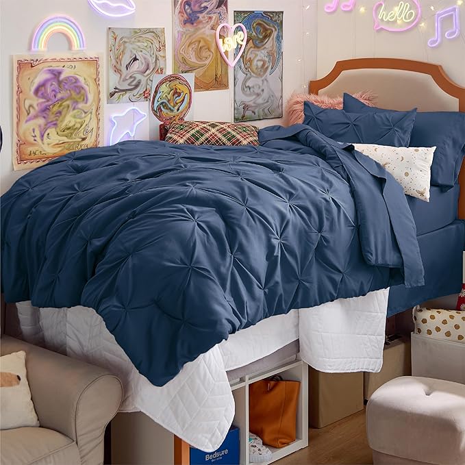 Bedsure Twin Comforter Set with Sheets - 5 Pieces Twin Bedding Sets, Pinch Pleat Navy Blue Twin Bed in a Bag with Comforter, Sheets, Pillowcase & Sham - LeafyLoom