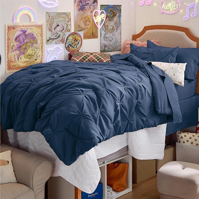 Bedsure Twin Comforter Set with Sheets - 5 Pieces Twin Bedding Sets, Pinch Pleat Navy Blue Twin Bed in a Bag with Comforter, Sheets, Pillowcase & Sham - LeafyLoom