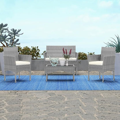 Patio Furniture, 4 Piece Conversation Set, Outdoor Wicker Rattan Table and Chairs, Sectional Sofa with Thick Cushion for Garden, Yard, or Porch, Grey - LeafyLoom