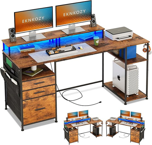 Computer Desk with 3 File Cabinet Drawers, 57.8'' Reversible Gaming Desk with LED Lights and Power Outlets, Office Desk with Storage Shelves for Home & Office (Rustic Brown) - LeafyLoom