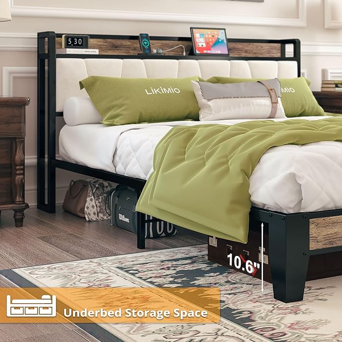 LIKIMIO Full Size Bed Frame, Storage Headboard with Charging Station, Solid and Stable, Noise Free, No Box Spring Needed, Easy Assembly (Walnut and Beige) - LeafyLoom