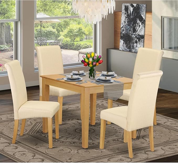 East West Furniture OXBA5-OAK-02 Oxford 5 Piece Dinette Set for 4 Includes a Square Room Table and 4 Light Beige Linen Fabric Parson Dining Chairs, 36x36 Inch - LeafyLoom