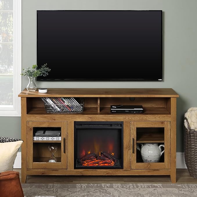 Walker Edison Glenwood Rustic Farmhouse Glass Door Highboy Fireplace TV Stand for TVs up to 65 Inches, 58 Inch, Barnwood - LeafyLoom