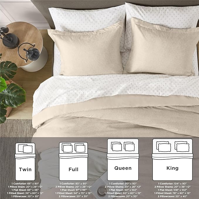 7 Pieces Beige Bedding Sets with Comforter, Modern Farmhouse Bed in a Bag Full Size, Solid Lightweight Comforter Set with Sheets, Pillowcases & Shams - LeafyLoom