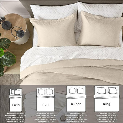 7 Pieces Beige Bedding Sets with Comforter, Modern Farmhouse Bed in a Bag Queen Size, Solid Lightweight Comforter Set with Sheets, Pillowcases & Shams - LeafyLoom