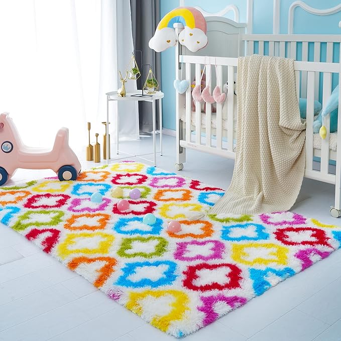 Tepook Fluffy Colorful Rug for Kids, Shaggy Soft Rainbow Area Rugs for Girls Bedroom, Indoor Modern Geometric Moroccan Rugs Plush Girls Kids Rug for Playroom Teens Room Nursery Home Decor, 3 X 5 ft - LeafyLoom