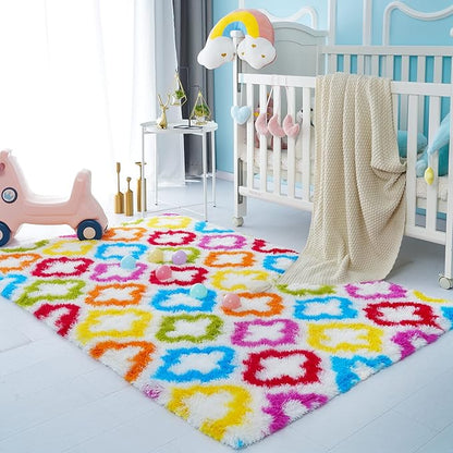 Tepook Fluffy Colorful Rug for Kids, Shaggy Soft Rainbow Area Rugs for Girls Bedroom, Indoor Modern Geometric Moroccan Rugs Plush Girls Kids Rug for Playroom Teens Room Nursery Home Decor, 3 X 5 ft - LeafyLoom