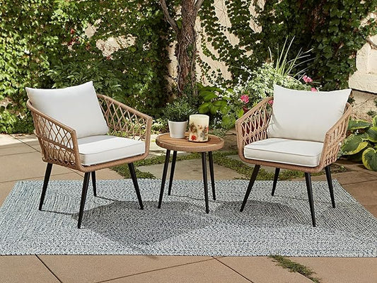 Quality Outdoor Living 65-YZ03HM Hermosa 3 Piece Chat Set, Aluminum Frame + Tan Wicker + Linen Cushions - LeafyLoom