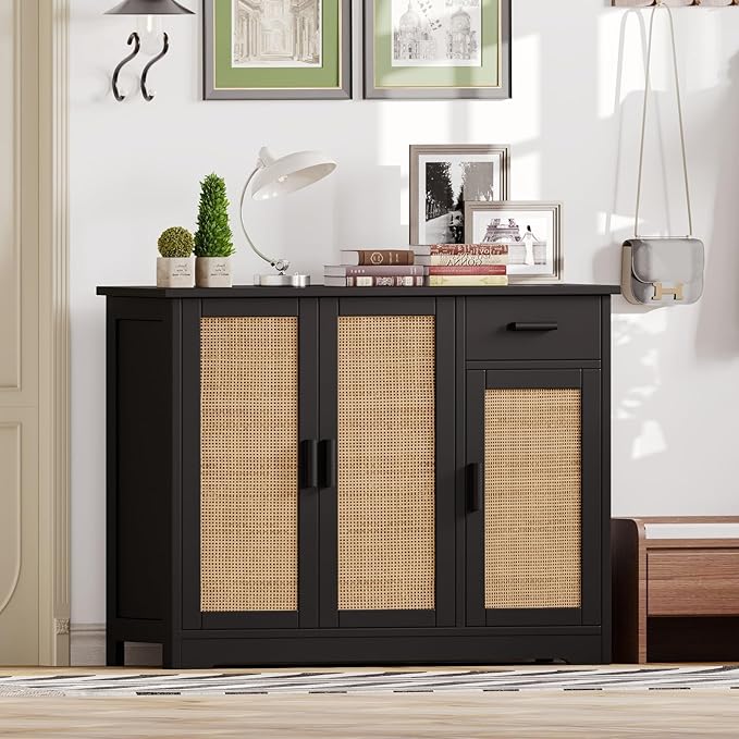 Irontar Kitchen Storage Cabinet, Sideboard Buffet Cabinet with Rattan Decorated Doors, Farmhouse Console Table with Drawer, Coffee Bar, Accent Table for Living Room, Black and Natural CWG010BM - LeafyLoom