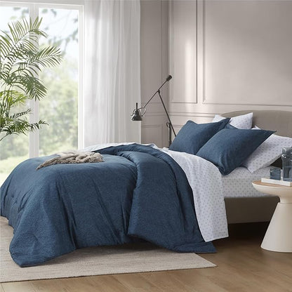 Chambray Queen Comforter Set - Blue Denim Queen Size Bedding Sets, 7 Pieces Soft Bedding for All Seasons with Comforter, Sheets, Pillowcases & Shams - LeafyLoom