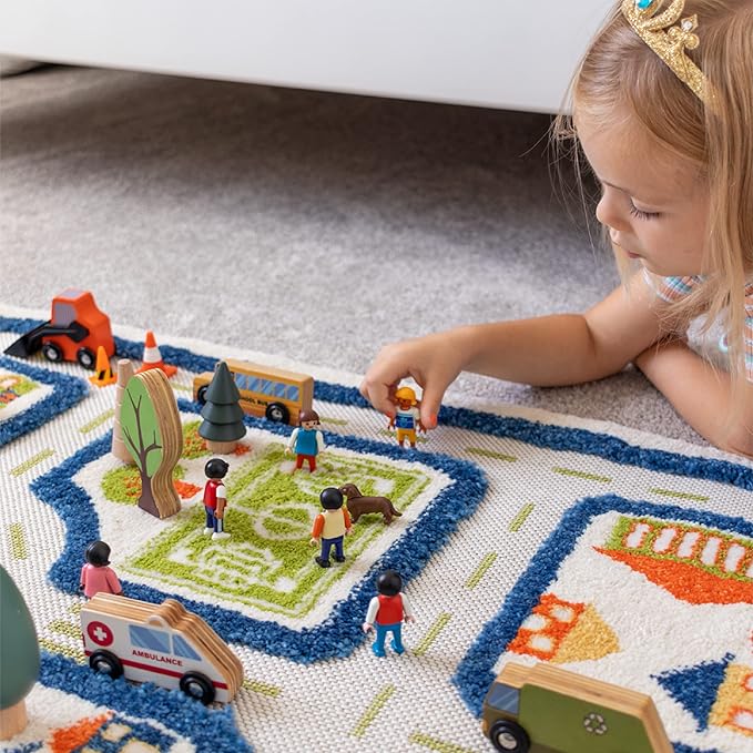 IVI Thick 3D Childrens Play Mat & Rug in A Colorful Town Design for Kids with Soccer Field, Car Park & Roads, Blue, 32 x 45 inches - LeafyLoom