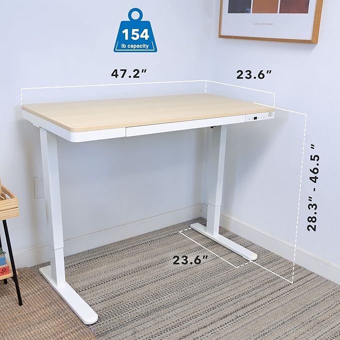 Mount-It! 47.2" Wide x 28.3" Deep Electric Height Adjustable Desk, Ergonomic Standing Workspace, Height Adjustment up to 46.5" Tall, Large Desktop, USB Ports, Drawer, Home Office, White, Maple Top - LeafyLoom