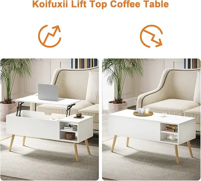 Coffee Table Lift Top - White Coffee Table with Lifting Top and Hide Compartment Storage - Lift Coffee Table Rectangle - Wood Coffee Tables for Living Room - LeafyLoom