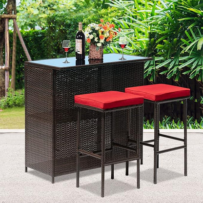 FDW Outdoor Furniture Set Wicker Bistro Set 3PCS Patio Bar Set with Two Stools for Patio Backyard Balcony,Red Cushion - LeafyLoom