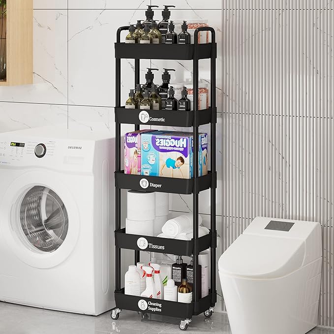 Storage Cart,Multifunction Utility Rolling Cart Kitchen Storage Organizer,Mobile Shelving Unit Cart with Lockable Wheels for Bathroom,Laundry,with Classified Stickers - LeafyLoom