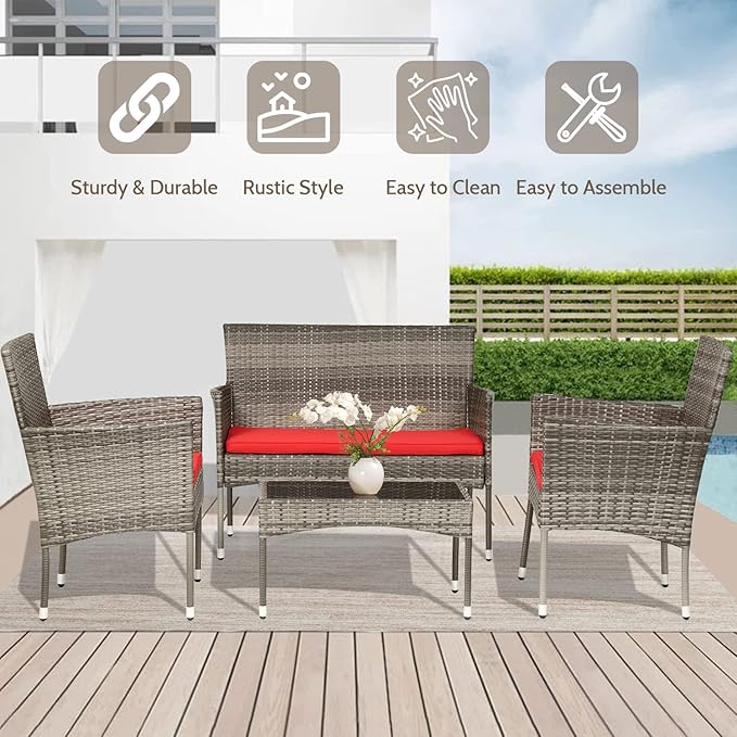 FDW 4 Pieces Outdoor Furniture Set Patio Conversation Set Wicker with Rattan Chair Loveseats Coffee Table for Outdoor Indoor Garden Backyard Porch Poolside Balcony,Gray Wicker/Red Cushions - LeafyLoom