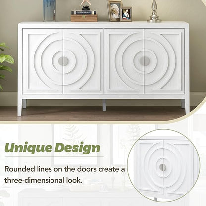 Retro Sideboard with Circular Groove Design Round Metal Door Handle,Wooden Buffet Cabinet,W/Adjustable Shelves & Open Countertop,for Entrance Living Dinning Room,White, 60" - LeafyLoom