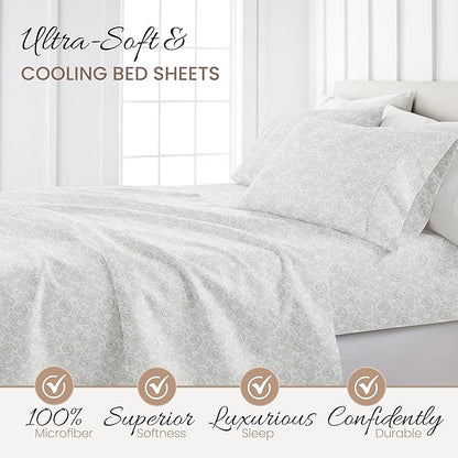 4 Piece California King Bedding Sheet Set (Gray Floral) - Sleep Better Than Ever with These Ultra-Soft & Cooling Bed Sheets for Your Cal King Size Bed - Deep Pocket Fits 16" Mattress - LeafyLoom