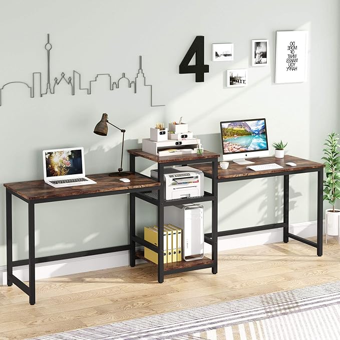 Tribesigns 96.9" Double Computer Desk with Printer Shelf, Extra Long Two Person Desk Workstation with Storage Shelves, Large Office Desk Study Writing Table for Home Office, Dark Brown - LeafyLoom