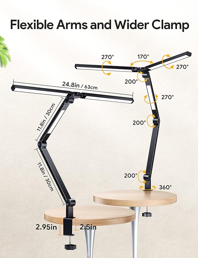 MediAcous LED Desk Lamp with Clamp, 20W Three Lights Desk Light for Home Office, Flexible Swing Arm, Control Box, 4 Color Modes, 4 Brightness, Memory Function, Eye-Caring Clip-on Lamp for Workbench - LeafyLoom