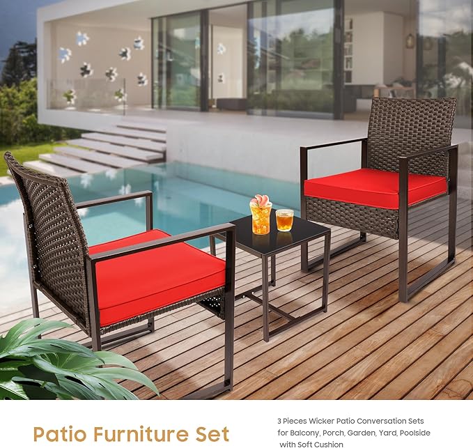 YIYAN 3 Pieces Outdoor Furniture Set Patio Rattan Wicker Chairs & teatable,Lawn Garden Balcony Backyard,with Washable Cushion (Red) - LeafyLoom