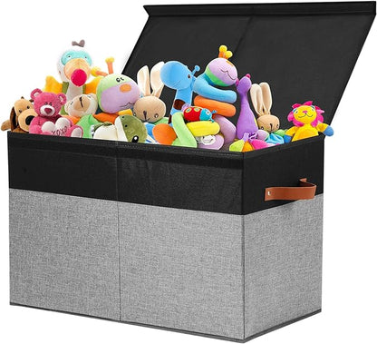 Large Toy Storage Box with Lid, Sturdy Toys Storage Chest Bin Organizer Basket with Dividers for Kids, Boys, Girls, Nursery, Closet, Bedroom, Playroom 25"x13" x16" (Black and Grey) - LeafyLoom