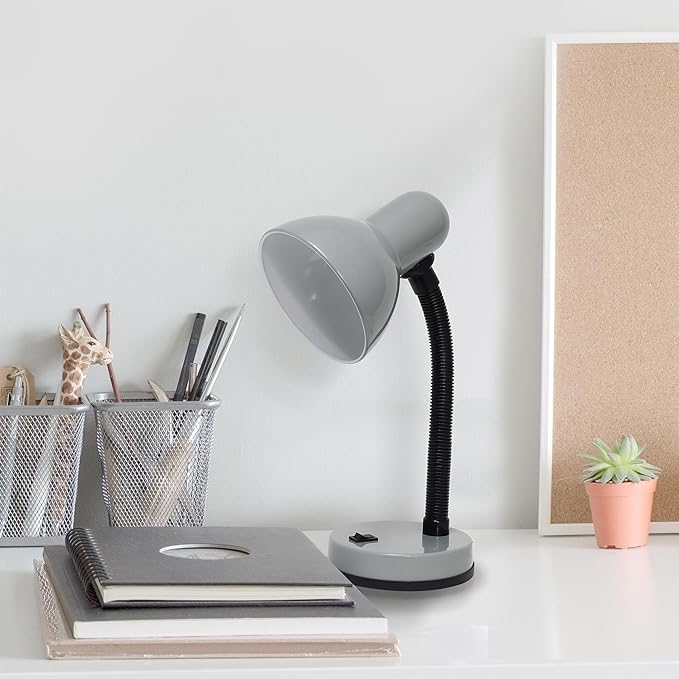 Simple Designs LD1003-SLV-LB 14.25" Basic Metal Desk Lamp with Flexible Hose Neck for Office, Living Room, Bedroom, College Dorm, Bookshelf, Silver, with Feit LED Bulb Included - LeafyLoom