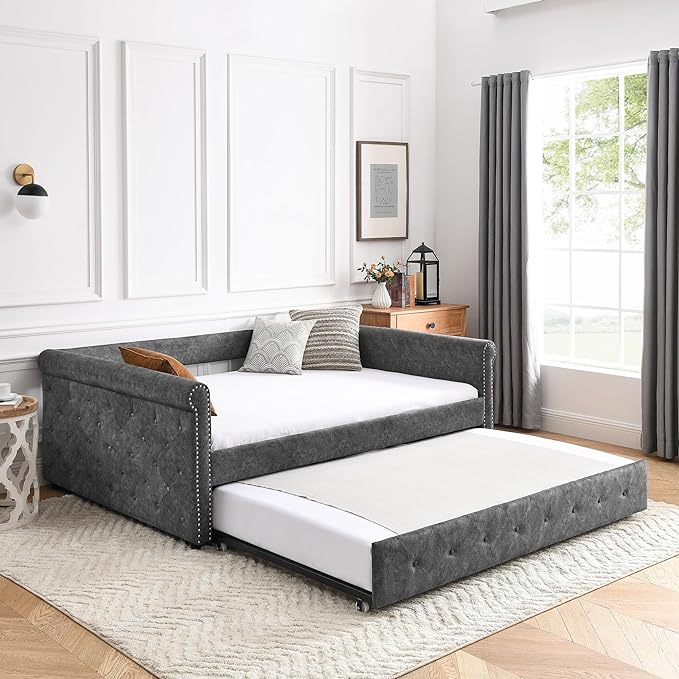 Upholstered Full Size Daybed with Twin Trundle, Solid Wood Sofa Bed Frame w/Button Tufted and Copper Nail on Square Arms, for Bedroom, Guest Room, No Spring Box Need, Grey - LeafyLoom