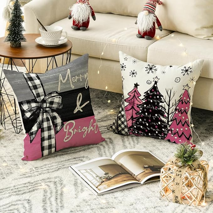 AVOIN colorlife Merry Christmas Joy Xmas Trees Pink Throw Pillow Covers, 18 x 18 Inch Christmas Winter Holiday Cushion Case Decoration for Sofa Couch Set of 4 AVOINcolorlife