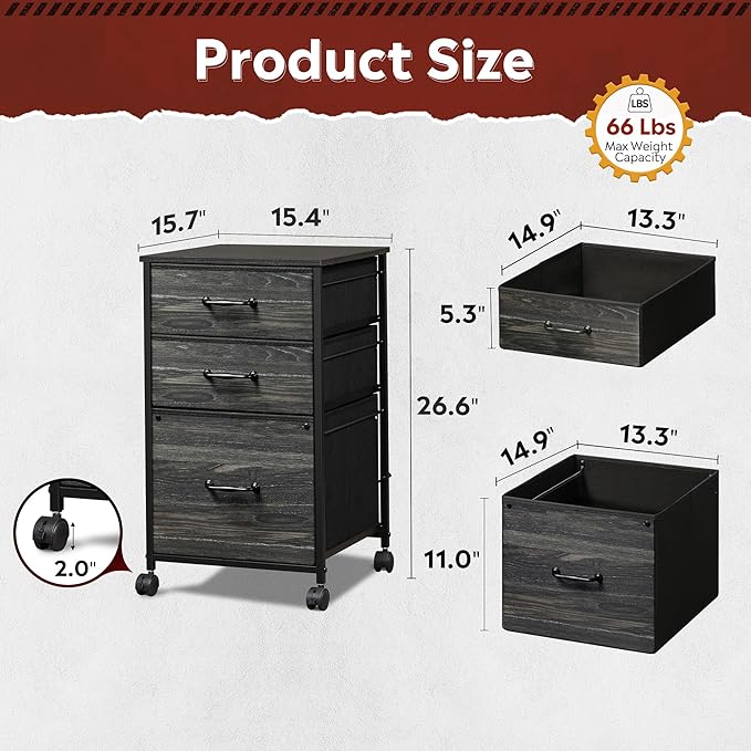 DEVAISE Mobile File Cabinet, Rolling Printer Stand with 3 Drawers, Fabric Vertical Filing Cabinet fits A4 or Letter Size for Home Office, Charcoal Black Wood Grain Print - LeafyLoom