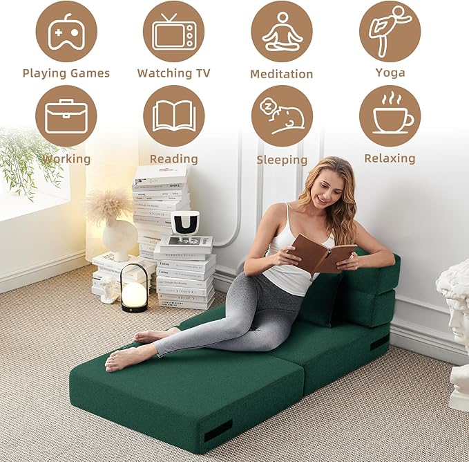 Convertible Folding Sofa Bed-Sleeper Chair with Pillow, Modern Linen Fabric Floor & Futon Couch, Foldable Mattress for Living Room/Dorm/Guest Use/Home Office/Apartment, Single Size,Dark Green - LeafyLoom