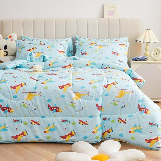 Mooreeke Bed in a Bag for Kids Boys Teens, 7 Pieces Full Size Aircraft Print Comforter Bed Set with Shams, Sheet Set, Airplane Blue Super Soft Microfiber Kids Comforter Bedding Set - LeafyLoom